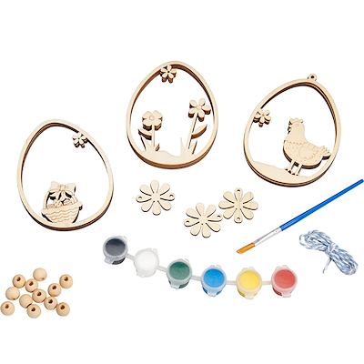 Mal-selv påskeæg med kylling/kanin motiv i træ 3 stk.